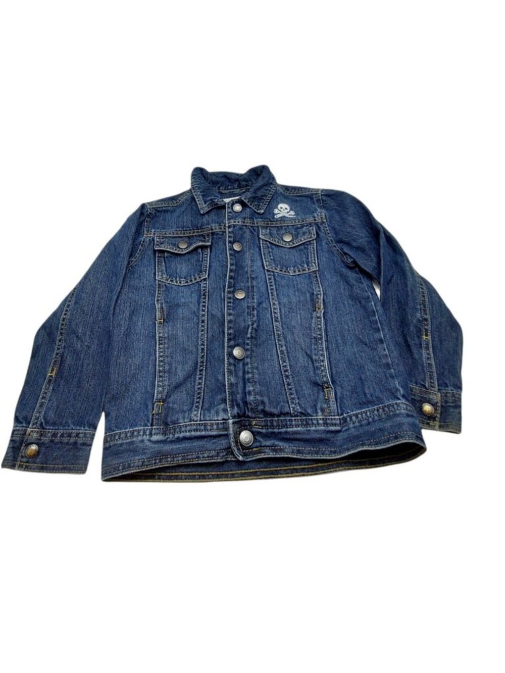 Gymboree Blue Jean Jacket Denim Coat White skull & bones wrenches patch Size 5 6